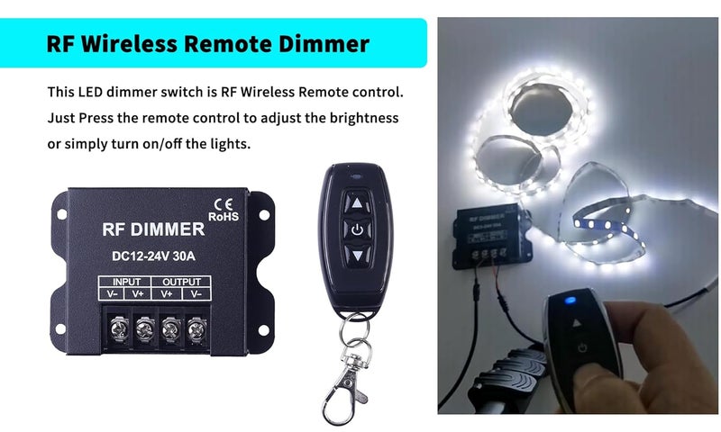 Lelukee 12V LED Dimmer,RF Wireless Remote,DC 12-24V 30A Strip Dimmer,with Dimmable Slide Remote Control,Control Remotely,Suitable for LED Dimmable Lights or Light Ribbon(Type A) - Image 3